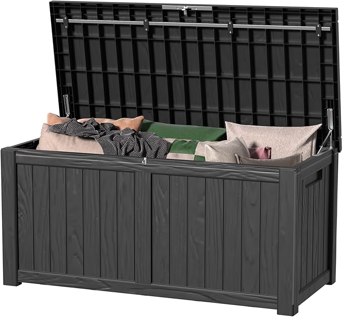 Deck Box, 150 Gallon Black Resin Lockable Weathertight Storage Bin