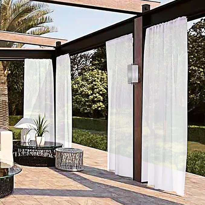 SpaceDresser Waterproof Outdoor Sheer Curtains for Patio - 4 Panels Rod Pocket Indoor Voile Sheer Curtain for Living Room,52W x 108L inch, White