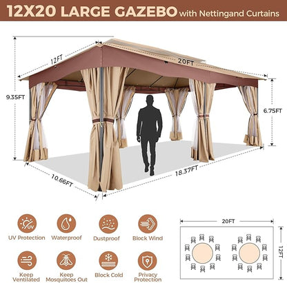 COBIZI Gazebo 12x20 Heavy Duty Gazebos with Curtain and Netting Outdoor Gazebo Canopy Double Roof Patio Gazebos with Metal Steel Frame for Patio, Deck, Backyard-Khaki