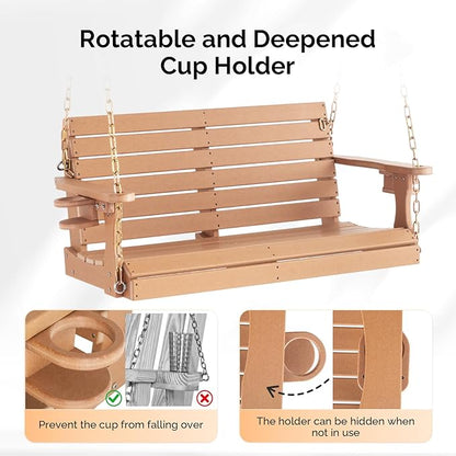 VINGLI Heavy Duty 1600 LBS HDPE Porch Swing Outdoor with Rotatable Cup Holder, 4 FT Patio Bench Swing with Adjustable Chains, 2 Person Hanging Porch Swing Chair for Porch, Yard, Tree, Garden - Teak