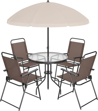Shintenchi 6 Piece Patio Dining Set with Umbrella, Outdoor Furniture Set with 4 Folding Chairs and Tempered Glass Top Dining Table fot Lawn Backyard Garden Porch Brown and Beige
