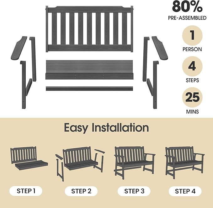 Ciokea 49" Heavy Duty Outdoor Bench Set of 2, HDPE Weatherproof Garden Bench, 2-Person Memorial Benches with 660 Lbs, Waterproof Patio Porch Benches for Outside Business Office Backyard, Dark Grey
