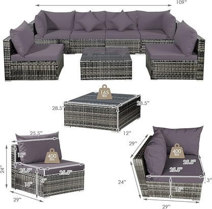 Tangkula 7 Pieces Wicker Patio Furniture Set, All-Weather Outdoor Rattan Sectional Sofa Set with Cushions & Tempered Glass Coffee Table, Outside Sofa Set for Garden, Lawn, Deck, Backyard (Grey)