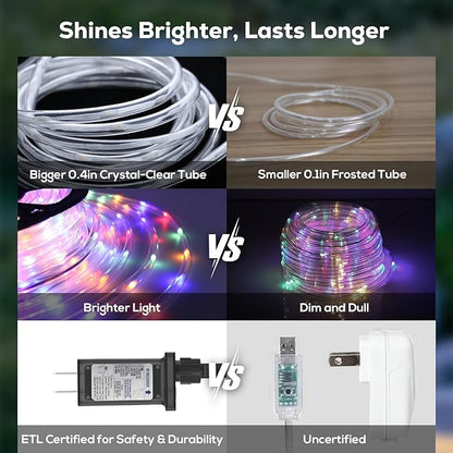 100FT 720 LED Christmas Rope Lights Outdoor Waterproof with Remote, 8 Modes and 4 Brightness Tube Lights for Patio, Outside, Garden, Indoor Outdoor Xmas Decoration (Multicolor)
