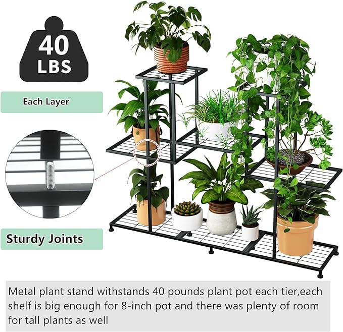 Twhep Metal Plant Stand, 5 Tiers Multifunctional Plant Stands for Indoor Plants, Decorative Black Steel Plant Shelf for Indoor Patio Garden Balcony and Yard (4 tiers 12 pots)