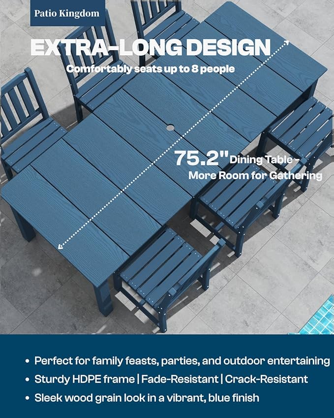 9-Piece Navy Blue Outdoor Dining Set with White 15FT Large Patio Umbrella, 75.2'' HDPE Table & Chairs for 8, Weather-Resistant Furniture with Umbrella Hole for Patio, Lawn, Poolside