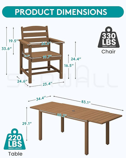 SERWALL 7-Piece Patio Dining Sets, 60" - 83" Expandable Outdoor Dining Table and 6 HDPE Chairs, All Weather HDPE Outdoor Furniture Set for Backyard, Garden, Brown