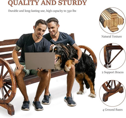VINGLI Rustic Wooden Wheel Bench Outdoor Bench, Patio Bench Wagon Slatted Seat, Garden Benches for Outdoors 350lbs High Capacity, Weather Resistance (Rustic, 55in)