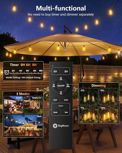 Brightown 76FT Solar String Lights Outdoor Waterproof with Remote, 23+1 LED Shatterproof Bulbs, Dimmable & Timable, 3 Light Modes - Commercial Grade Patio Lights for Garden Backyard Party Decor