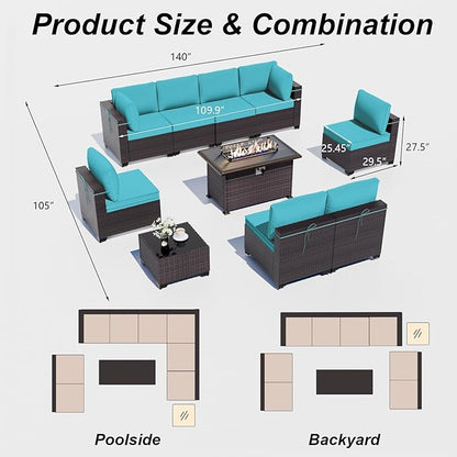 ALAULM 10 Pieces Outdoor Patio Furniture Set with Propane Fire Pit Table Outdoor Sectional Sofa Sets Patio Furniture 43" Gas Fire Pit PE Rattan Patio Conversation Set w/8 Seat Cushions (Turquoise)
