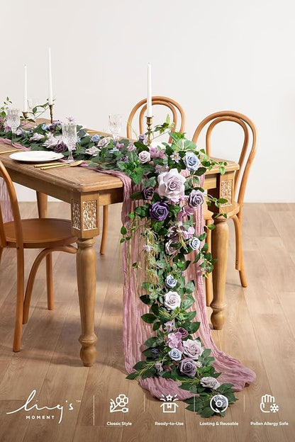 Artificial Flower Garland, 6-Foot Silk Eucalyptus and Rose, Purple