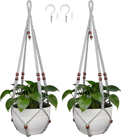 35 Inch Macrame Plant Hanger, Large for up to 15 Inch Pot Extra Long Hanging Planter Holder Basket with Wood Beads for Indoor Outdoor Home Decor (Grey, 2-Pack)