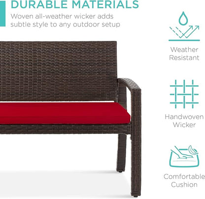 Best Choice Products Outdoor Bench 2-Person Wicker Garden Patio Benches Seating Furniture for Backyard, Porch w/Seat Cushion, 700lb Capacity - Brown/Red