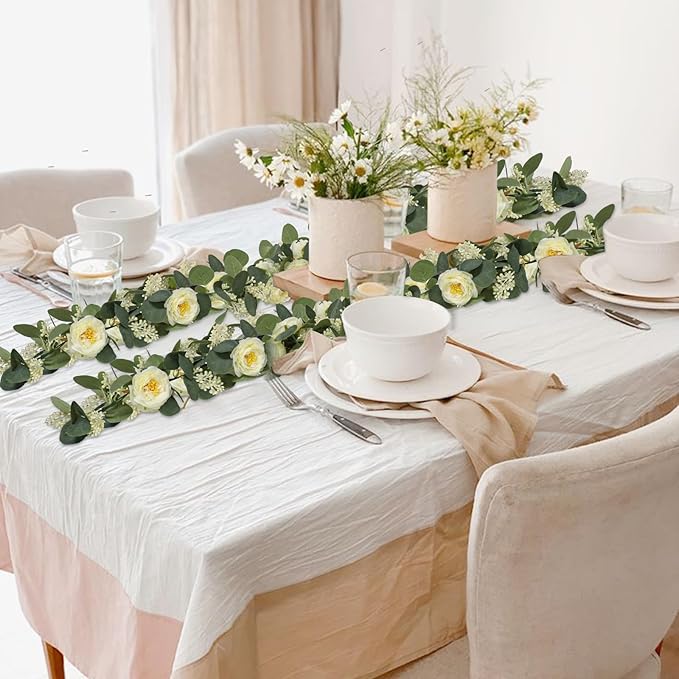 Artificial Eucalyptus Garland 2-Pack, 6.6 Ft Champagne Roses