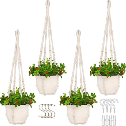 Macrame Plant Hanger Indoor,Hanging Planters for Indoor Plants with 8 Hooks,Outdoor Hanging Plant Holder Crochet for Window,Ceiling Boho Home Decor Basket Pot,White 4 Pack,Ivory