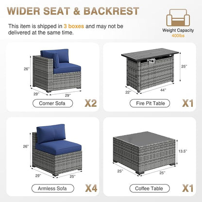 Aoxun Patio Furniture Sets, 8-Piece Outdoor Patio Furniture with 44'' Propane Gas Firepit Table, Wicker Outdoor Conversation Set Sectional Sofa for Backyard, Poolside, Garden