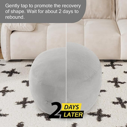 MeMoreCool Round Stuffed Pouf Ottoman Foot Rest, Floor Pouf Foot Stool with Soft Foam Chunk Filling, Small Round Ottoman Footstool Circle Footrest for Living Room, Light Grey