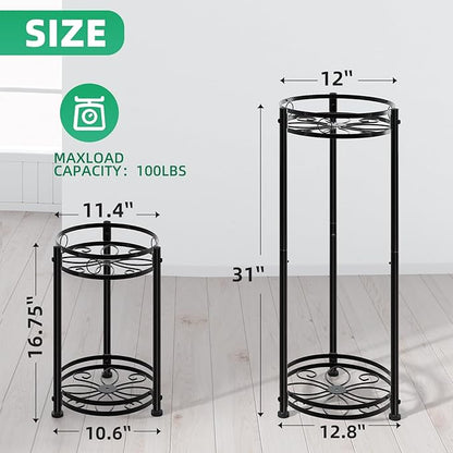 Simple Trending Round Plant Stand Indoor Outdoor, Waterproof Metal Tall 31” Plant Shelf Holder, Heavy Duty Flower Pot Display Rack, 2 Pack, Black