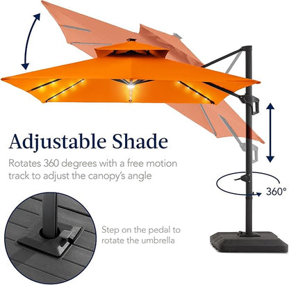 Best Choice Products 9x12ft LED Cantilever Patio Umbrella w/Base Included & 360° Rotation, Large Solar Offset Hanging Outdoor Sun Shade for Deck, Backyard Table w/Stand & Lights – Orange