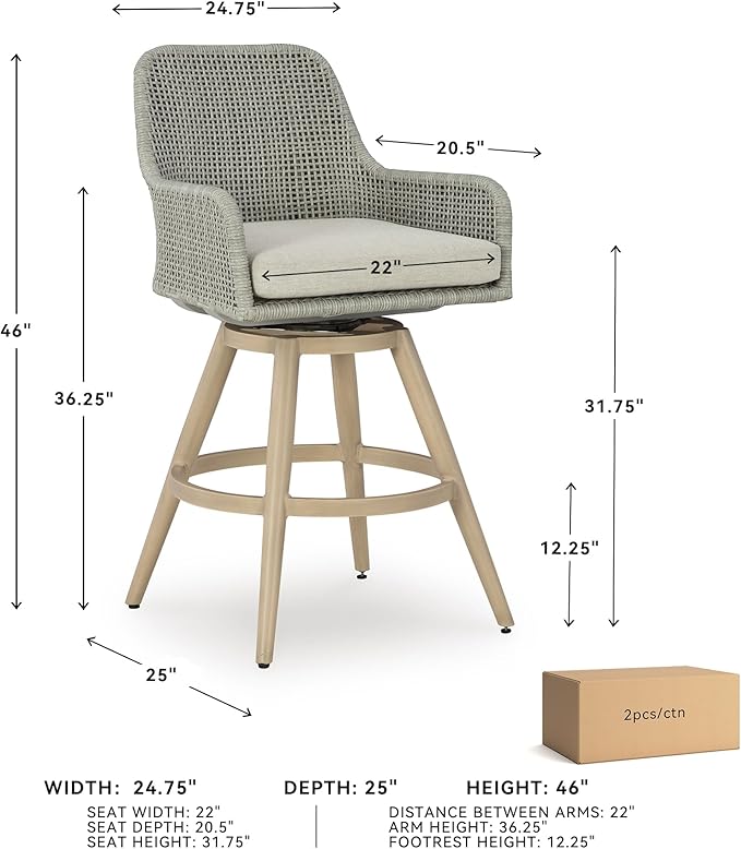 Signature Design by Ashley Seton Creek Casual Weather Resistant 360-Degree Swivel 31.75" Outdoor Bar Height StainlessBar Stool with Cushion, Set of 2, Beige & Light Gray