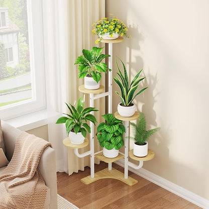 Corner Plant Stand with Grow Light - 6 Tier Plant Stand Indoor Round Metal Plant Shelf with Adjustable Light, Plant Organizer for Living Room, Graden, Home Decor (Maple)