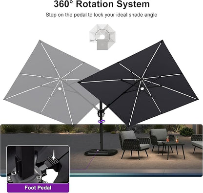 PURPLE LEAF 10 Feet Patio Umbrella with Base Outdoor Cantilever Solar Powered LED Swivel Square Umbrella Aluminum Offset Umbrella with 360-degree Rotation for Garden Deck Pool Patio Light Grey