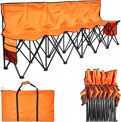 VEVOR Portable Folding Bench, 6 Seat Foldable Soccer Bench with Side Pockets and Carrying Bag, Lightweight Sideline Seating with Back Rest for Football, Baseball, Camping, Outdoor Events, Orange