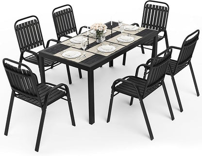 Pamapic Outdoor Dining Sets for 6, Rectangular Steel Slat Table with 6 Plastic Chairs, 7 Piece Patio Table and Chairs Set with Adjustable Umbrella Hole for Garden, Backyard, Poolside (Black)