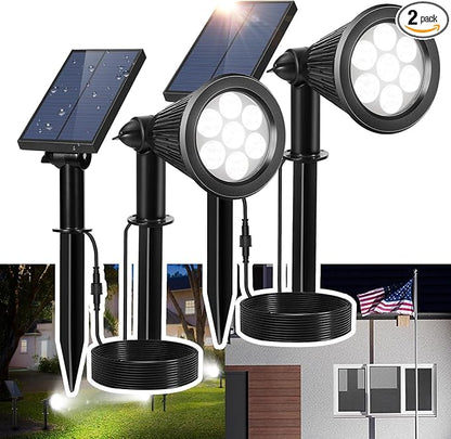 Solar Spotlight Outdoor, Bright 7-LED Flag Pole Spot Light with Separate Panel Waterproof, Dusk-to-Dawn Uplight Flagpole Lights, Landscape Ground Wall Solar Lighting for Tree, House (White, 2pcs)