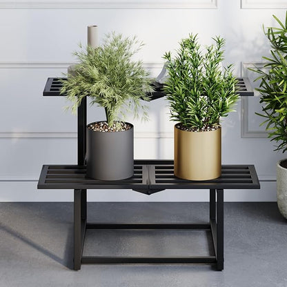 Metal Plant Stand, Foldable Heavy Duty Indoor, Window Iron Plant Shelf - Mid Century Modern Slatted Display for Patio,Garden, Living Room Load Bearing 330 lbs 26" L x 20.2" H x 17.7" W2 Tier Black
