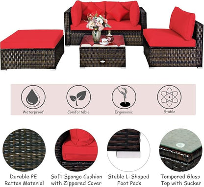 Tangkula 5 Pieces Patio Rattan Furniture Set, Outdoor Sectional Rattan Sofa Set with Back & Seat Cushions, Wicker Conversation Set with Tempered Glass Table for Backyard Porch Poolside (Red)