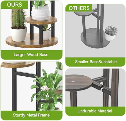 5 Tier Plant Stand Indoor, Metal Wood Flower Holder, Heavy Duty Tall Round Multiple Shelf, Sturdy Spiral Planter Orchid Display Rack for House Living Room Patio Corner Bathroom, Modern Black