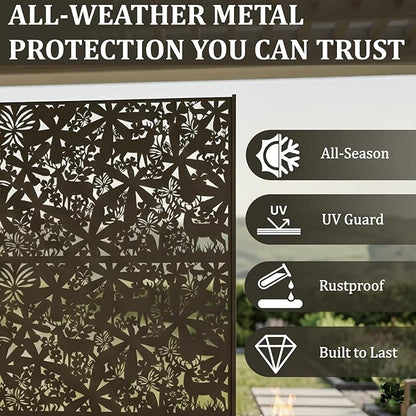 Metal Privacy Screen Outdoor 6FT – Freestanding Laser Cut Steel Garden Divider Panel with Stand, Decorative Modern Privacy Screen for Patio, Deck, Backyard & Balcony, Rustproof & Weather-Resistant