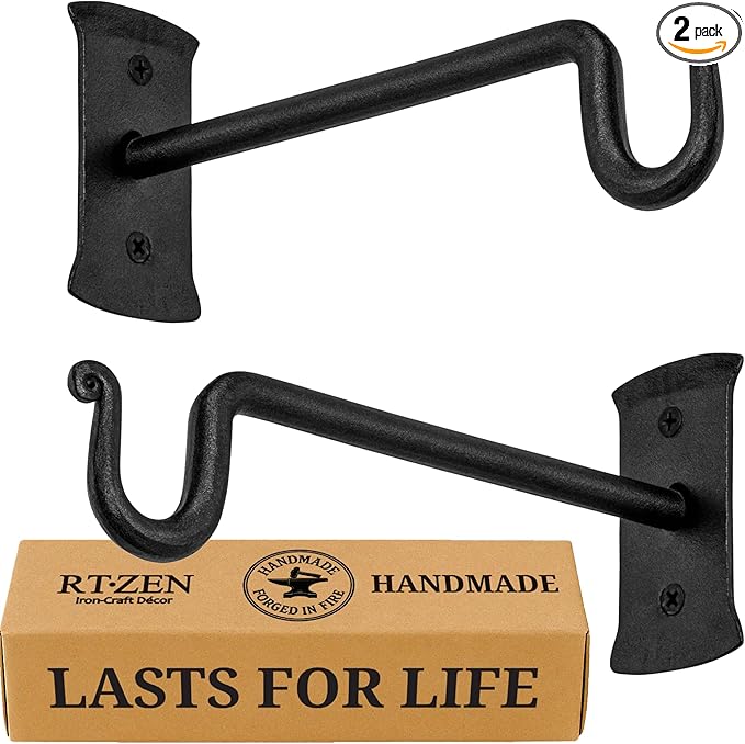 RTZEN Plant Hangers Indoor or Outdoor - Wrought Iron Metal Hanger Indoor Hook - Heavy Duty Wall Bracket Hooks for Hanging Plants Baskets Lanterns Wind Chimes - 2 Pack (Black Shepherds Hooks 7.5")