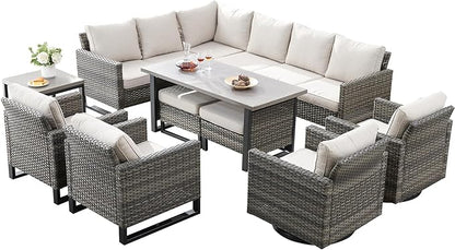 Belord Outdoor Sectional Furniture with Swivel Rocker Chair, 10 Pieces Wicker Patio Furniture Sets with Ottoman L Shaped Sofa Coffee Table Beige Cushion