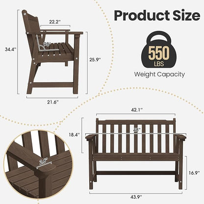 Ciokea 48" Outdoor Bench, HDPE Weatherproof Porch Bench, 2-Person Garden Benches with 550 Lbs, Waterproof Patio Benches for Outside Balcony Deck Backyard, Brown