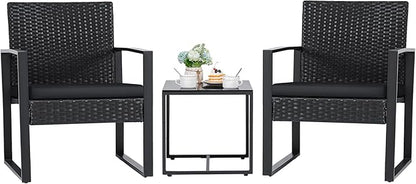 Flamaker 3 Pieces Outdoor Patio Wicker Furniture Set, Modern Rattan Chair Conversation Sets with Coffee Table for Yard and Bistro (Black)