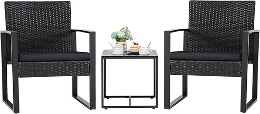 Flamaker 3 Pieces Outdoor Patio Wicker Furniture Set, Modern Rattan Chair Conversation Sets with Coffee Table for Yard and Bistro (Black)