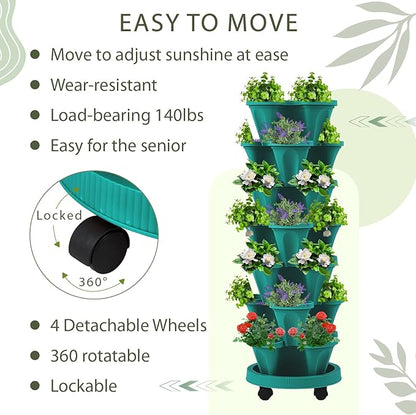 Umigy 2 Set of 7 Tier Vertical Planter Stackable Tower Planters Strawberry Herb Flower and Vegetable Pots Indoor Outdoor Gardening Pots with Removable Wheels and Tools(Green)