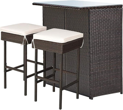 Tangkula Patio Bar Set, 3 Piece Outdoor Rattan Wicker Bar Set with 2 Cushions Stools & Glass Top Table, Outdoor Furniture Set for Patios Backyards Porches Gardens Poolside (Beige)