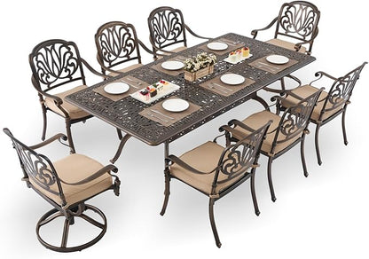 9-Piece Cast Aluminum Patio Furniture, Outdoor Dining Sets for 8 Include 87" Rectangular Patio Dining Table, 6 Stackable Chairs & 2 Swivel Chairs with Cushions & Umbrella Hole(Bronze)