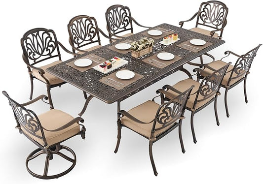 9-Piece Cast Aluminum Patio Furniture, Outdoor Dining Sets for 8 Include 87" Rectangular Patio Dining Table, 6 Stackable Chairs & 2 Swivel Chairs with Cushions & Umbrella Hole(Bronze)