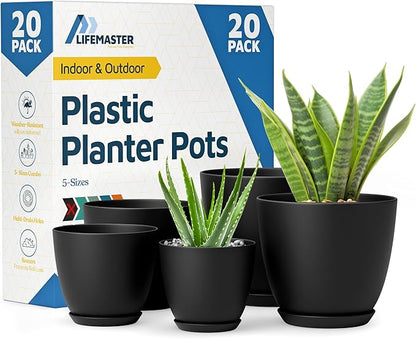 Lifemaster Plant Pots with Multi Drainage Holes - 20 Pieces Versatile, Sturdy Plastic, Stackable Design Home Decor Flower Pots for Indoor and Outdoor Gardening - Black