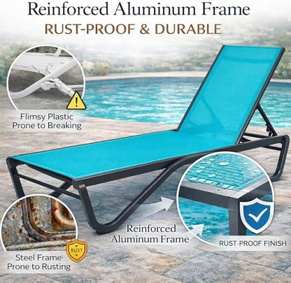 Kozyard Outdoor Chaise Lounge Chair, Full Aluminum Frame, Adjustable Reclining Patio Lounger for Poolside, Sunbathing & Backyard, Textilene (Aqua, 2Chairs + Table)