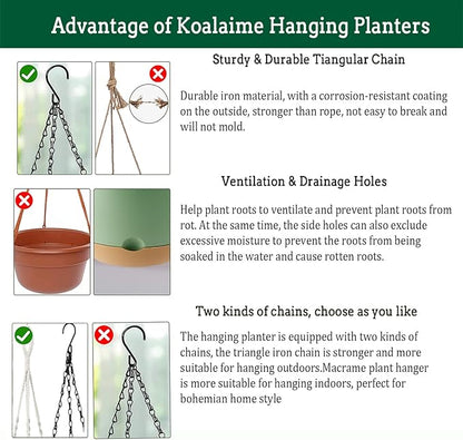 Hanging Planter Self Watering 10 Inch, 2 Pack Indoor Outdoor Hanging Baskets, Hanging Flower Pots with Drainage Hole & 2 Kinds of Plant Hangers for Garden Home Decor(Green)…