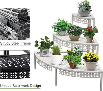 aboxoo 3 Tier Plant Stand Semi-Circular Flower Pot Organizer Rack Quarter Round Plant Display Holder Outdoor Storage Shelves Metal Corner Shelf Planter Shelving Ladder Plant Stand for Indoor