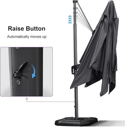 PURPLE LEAF 11.5' X 11.5' Telescopic Patio Umbrella with Base Included Lifting Cantilever Offset Square Large Umbrella for Pool Outdoor Patio Deck Garden Grey