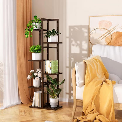 6 Tier Bamboo Plant Stand Indoor, Wood Tall Flower Holder Corner Tiered Plant Shelf for Multiple Plants (Brown)