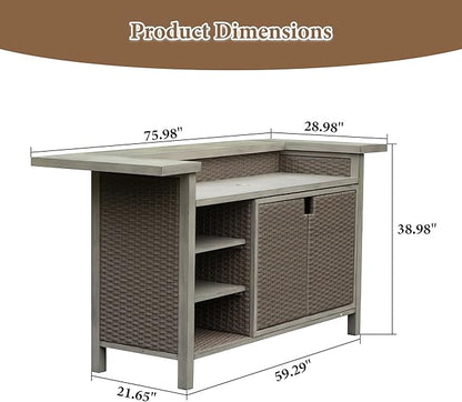 Domi Patio Bar Table, Outdoor Aluminum PE Wicker Bar Cart with Cabinet, All Weather Use Storage Patio Cabinet for Patio Kitchen or Bar Cart, Wood Grain