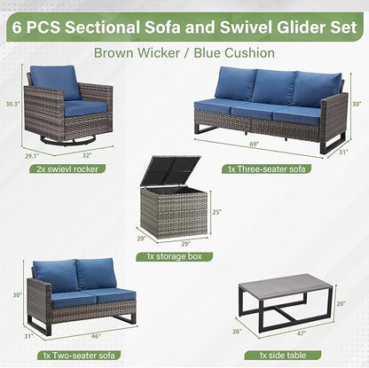 Belord Family Reunion Patio Conversation Set - 6 Piece Outdoor Sectional Furniture Set with Storage Box and Wicker Swivel Glider Chair Set of 2,Removable Blue Cushions for Deck Backyard Sunroom